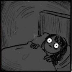 A cartoon drawing of a woman in bed, in the dark, but her eyes are comically wide open and bright.