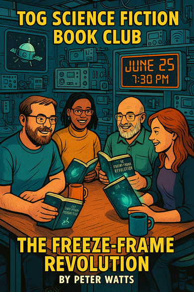 A comic style poster for the event with text saying book club and the name of the book. There are 4 people who look happy around the table hold books
