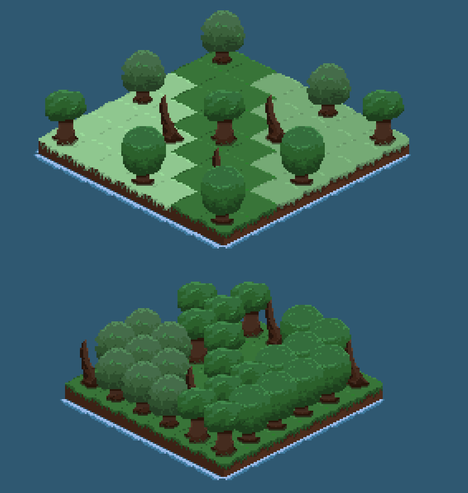 Isometric tiles. These are grassy and with trees on top. There is water tiles surrounding the grass making it into an island.