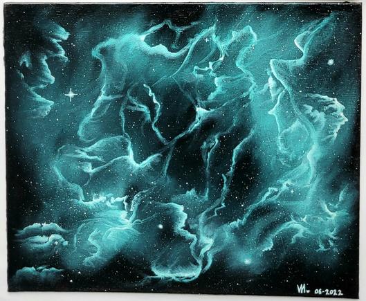 A free flowing nebula in Viridian Hue oil paint.