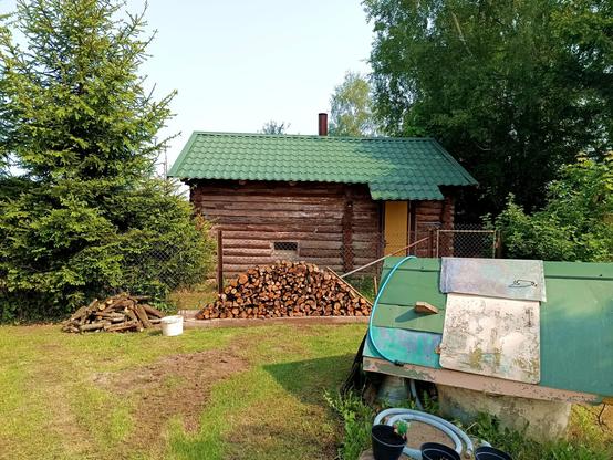 A small log sauna with green metal roof. A stack of firewood has been piled onto two concrete beams resting on the ground against a fence. A small pile with more firewood is next to it, with a white plastic bucket. Some trees frame the scene. In the foreground, a covered well with some plant pots and hoses.