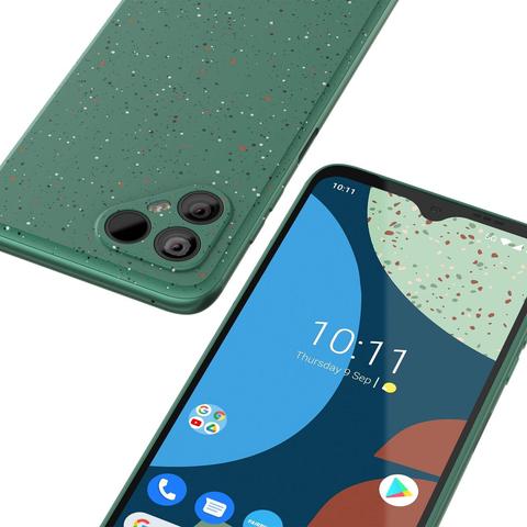Photo du smarphone Fairphone 4 recto verso, version vert pailleté