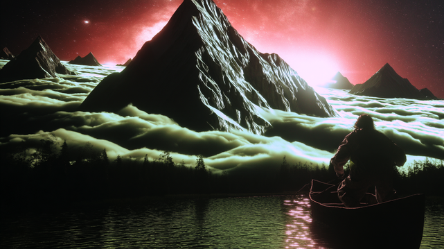 Passage Céleste.
Un homme dans une barque face à des montagnes émergeant d'une mer de nuages, sous un ciel cosmique teinté de rouge.
A man in a boat facing mountains rising from a sea of clouds, beneath a cosmic red-hued sky.