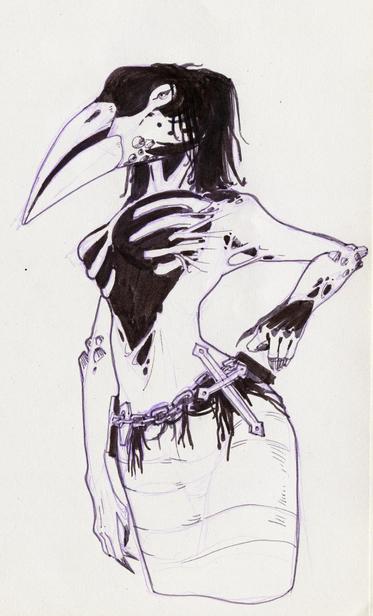 ink drawing of a giant undead mermaid with a beak and creepy skeletal torso
