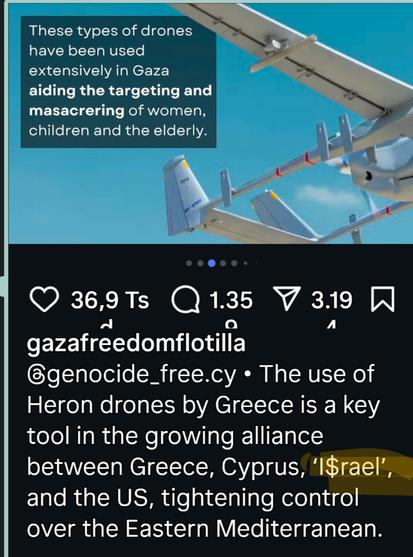 Zu sehen ist eine drohne vor blauem Himmel. Die sogenannte "Gaza freedom Flottilla " ein Schiff mit mehreren Aktivisten unter anderem Greta thunberg, die seit Tagen durchs Mittelmeer schippern mit dem Ziel angebliche hilfsgüter für den Gaza dorthin transportieren zu wollen. 
Sie Schreiben von Genozid. Und schreiben vor allen Dingen das Wort Israel wie folgt " I$rael" 
Dies ist ein antisemitischer Code, der darauf hinweisen soll, dass Israel bezahlt wird. Das ist das antisemitische narrativ über Juden und Geld.