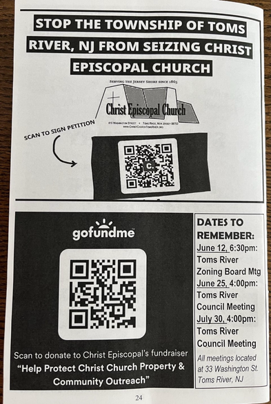 Photo of a flyer with QR codes to sign a petition and/or donate to the church along with the dates and times of upcoming meetings.