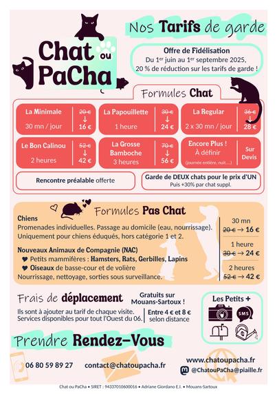 Page 2 du flyer Chat ou PaCha présentant les formules, tarifs et contacts.