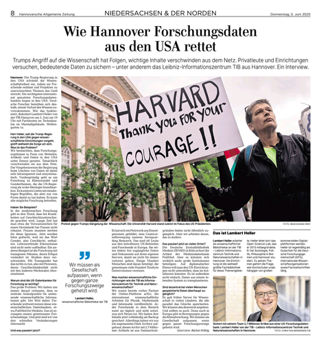 Screenshot eines Interviews mit mir in der Hannoverschen Allgemeinen Zeitung unter dem Titel "Wie Hannover Forschungsdaten aus den USA rettet"