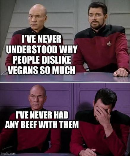 A two frame cartoon composed of screenshots from the television show Star Trek: the next generation. It shows Picard speaking and Ryker listening.
Picard: I'VE NEVER UNDERSTOOD WHY
PEOPLE DISLIKE VEGANS SO MUCH…
I'VE NEVER HAD ANY BEEF WITH THEM!
Ryker: face palm