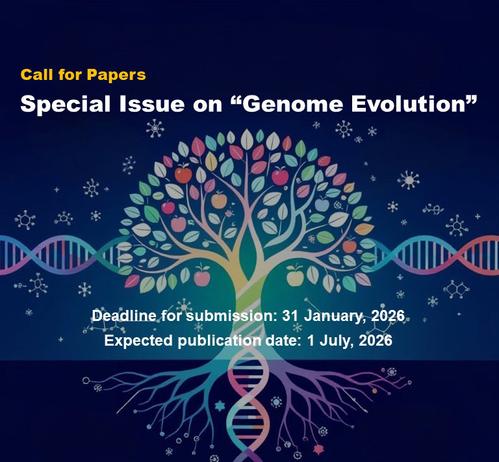 Stylized image of a tree with DNA strands. Text reads: Call for papers Special issue on Genome Evolution. Deadline for submission: 31 January 2026, Expected publication date: 1 July 2026