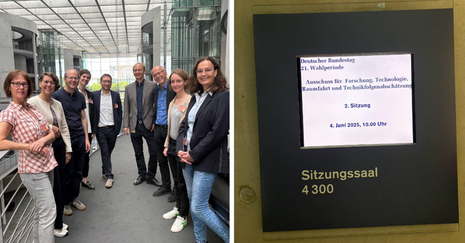 Gruppenfoto des TAB-Teams vor Sitzungssaal im Paul-Löbe-Haus. (link) Türschild des Sitzungssaals des Ausschuss für Forschung, Technologie, Raumfahrt und Technikfolgenabschätzung, 2. Sitzung, 4. Juni 2025 10 Uhr