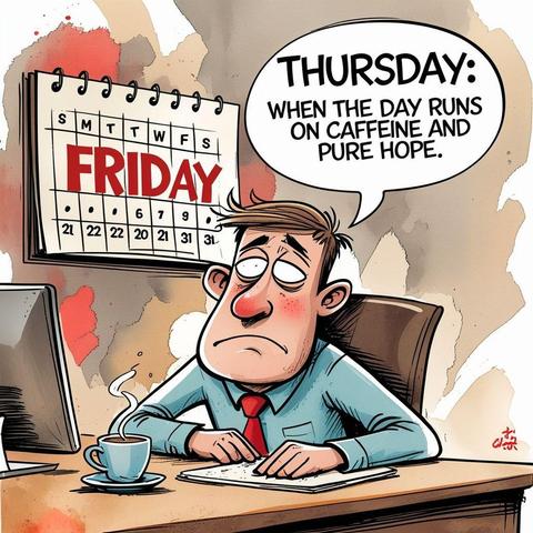 Tired man sitting at his desk with a speech bubble that reads "Thursday: When the day runs on caffeine and pure hope"