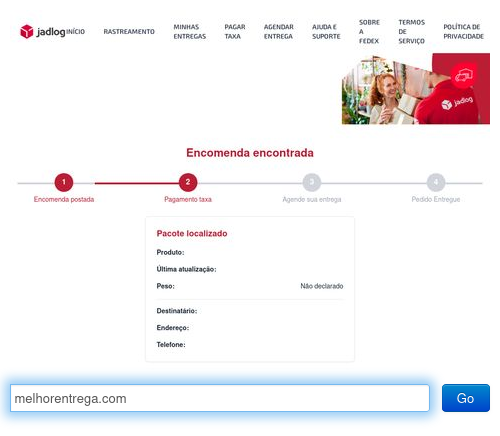 Captura de tela da página melhorencomenda.com feita por pagekeeper.com. Finge ser uma "encomenda encontrada" da empresa de logística Jadlog.