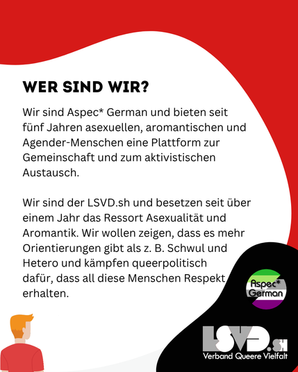 Das Bild hat einen weißen Hintergrund mit einer roten Welle oben. Überschrieben ist es mit „WER SIND WIR?“ in großer, schwarzer Schrift. Darunter folgt ein Text, der erklärt, dass Aspec* German eine Plattform für asexuelle, aromantische und Agender-Menschen bietet. Außerdem stellt sich der LSVD.sh vor, der sich für mehr Sichtbarkeit und Respekt für verschiedene Orientierungen einsetzt. Unten links sind wieder bunte, stilisierte Menschen von hinten zu sehen, unten rechts die beiden Logos