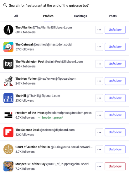 Screenshot. Search for "restaurant at the end of the universe bot". Search gives me profiles of big magazines, the European Court of Justice, and the Muppet gif of the day.