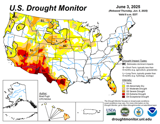 US Drought Monitor showing conditions for 6-5-25.