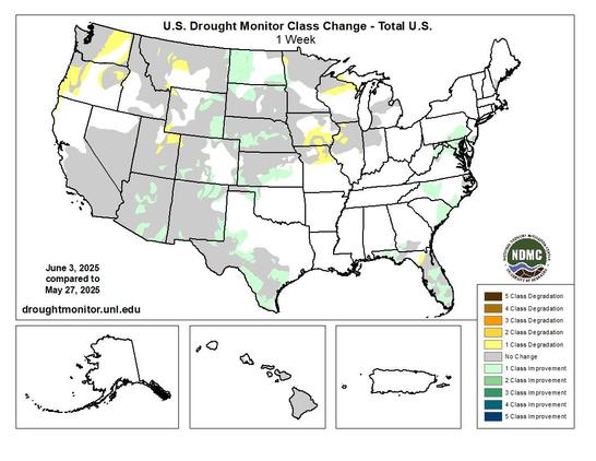 US Drought Monitor class change map comparing conditions from June 3 to May 27.