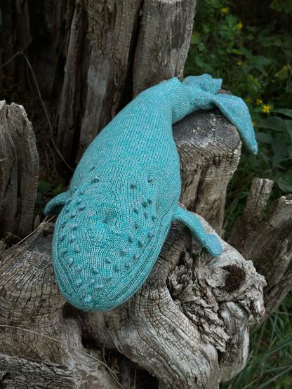 Ein großer gestrickter Buckelwal aus hellblauer Wolle mit Silberfäden liegt auf einem knorrigen Baumstumpf. Man sieht ihn von schräg oben fotografiert. Er ist ca. 60 cm lang und hat kleine Knubbel oben am Kopf, in der Mitte sieht man das eingestickte Blasloch. Die Flossen hängen über die Kante des Baumstumpfs.