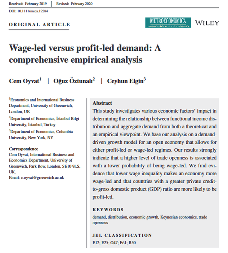Titel und Abstract des Papers “Wage-led versus profit-led demand: A comprehensive empirical analysis”, erschienen in Metroeconomica (2020).