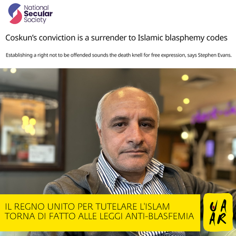 Sito: National Secular Society
Titolo: Coskun’s conviction is a surrender to Islamic blasphemy codes.
Sottotitolo: Establishing a right not to be offended soundes the death knell for free expression, say Stephen Evans.
Foto di Hamit Coskun, cittadino turco che ha bruciato il Corano davanti al consolato del suo Paese d’origine come forma di protesta verso il regime islamista di Erdogan.
Commento Uaar: Il Regno Unito per tutelare l’islam torna di fatto alle leggi anti-blasfemia.