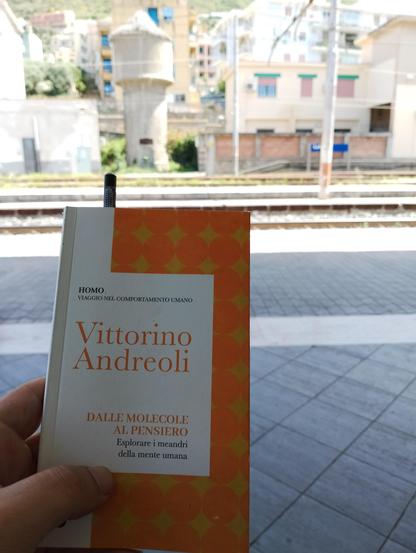 Foto del libro "dalle molecole al pensiero"di Vittorino Andreoli, presso la stazione dei Treni di Cefalù in Sicilia