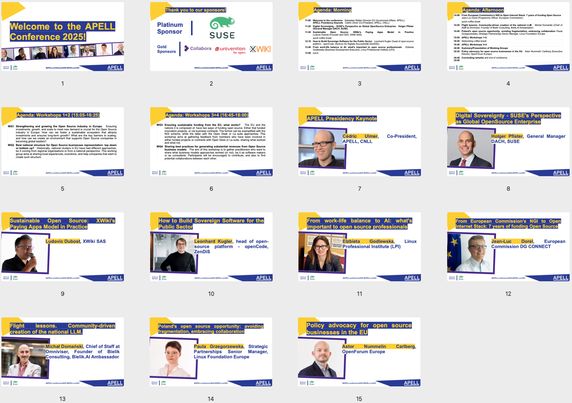 An overview screenshot of the presentation slide deck with various titles, speaker photos and sponsor logos.
