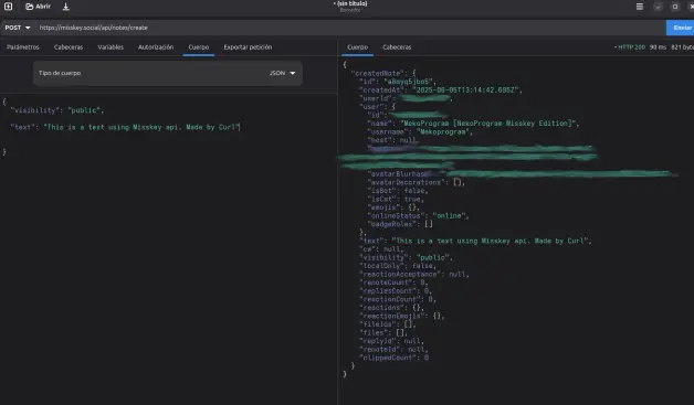 A post request in cartero shows json output and 200 OK