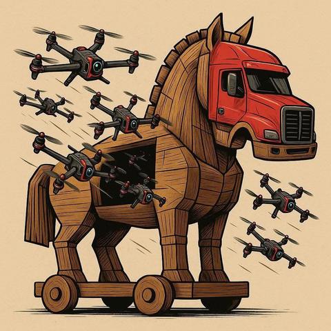 Hintergrund beige. Ein hölzernes "trojanisches Pferd auf Rollen, der Kopf ist eine rote LKW Fahrerkabine incl. Motorhaube. Im Rumpf ist eine Klappe , wo ganz viele Drohnen rausfliegen.