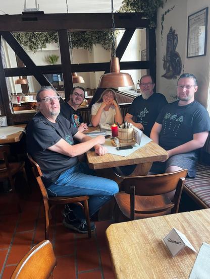 Five members of the betadots GmbH sitting in a restaurant around a table.