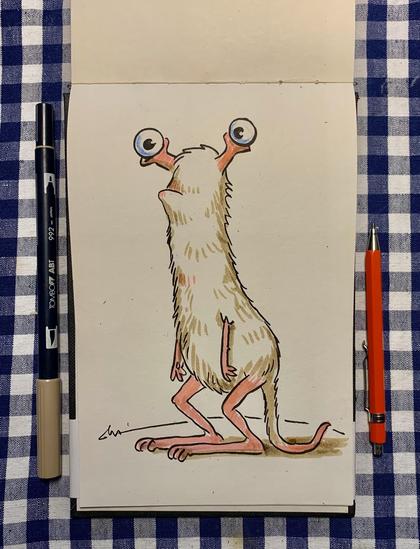 A whimsical, furry creature with two large eyes on stalks, standing upright with a playful expression. It has pink limbs and a curled tail, depicted in a cartoon style on a sketchbook page.