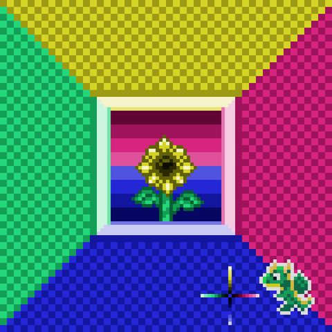 A pixel art drawing of a sunflower within a colourful frame using a tetradic colour palette