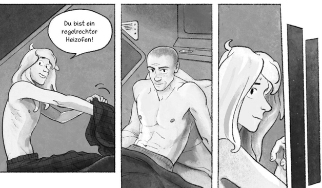 Zwei Typen im Bett, an Bord eines Raumschiffes, schwarz-weiße Comic-Szene, de eine von beiden (Sally, eher ein Twink) sein T-Short ausziehend, weil ihm warm ist, der andere (Miles, eher ein Jock) kritisch guckend.