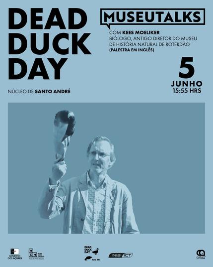 A poster advertising the event. The photo shows ornithologist Kees Moeliker holding the taxidermied corpse of the duck that was the victim in the famous incident.