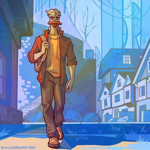 a digital drawing of an anthropomorphic duck walking through a neighborhood. he is mostly rendered in warm shades of yellow, brown, and red, while the background around him of houses, pillars, bricks, and grass is drawn in shades of blue and purple. the sun lights the scene from the left, casting a warm glow.