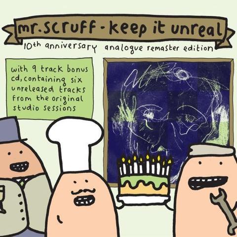The cover art for the 10th anniversary edition of Mr. Scruff's album Keep It Unreal.

The artwork is drawn in Mr. Scruff's typical hand-drawn style with thick marker pen lines. The original cover art of a suitably scruffy, scribbly self portrait in white and green lines on a dark blue background is to the right, presented like a painting on a wall. 

There are three hand-drawn rather potato-like characters at the front of the image, one wearing a top hat and suit on the left, one wearing a big chef's hat and fancy mustache in the middle and one on the right wearing a flat cap and holding a spanner. The two on the middle and left are holding a big birthday cake between them, which has ten candles on it. 

At the top is 'mr. scruff - keep it unreal' enclosed in a banner design, with '10th anniversary analogue remaster edition' underneath it, and just to the left of the original cover art is a box with the following text;

'with 9 track bonus cd, containing six unreleased trans from the original studio sessions'