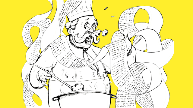 Ilustracja - kucharz czyta super długi przepis na zwoju i aż mu oczy wyskakują