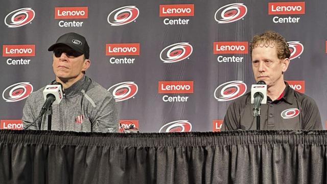 Carolina Hurricanes general manager Eric Tulsky speaks during an end-of-year NHL hockey news conference, Tuesday, June 3, 2025, in Raleigh, N.C. (AP Photo/Aaron Beard)