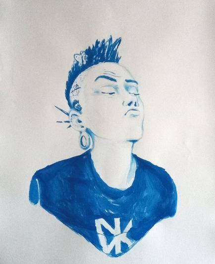 Blue ink-drawing of a punk looking verry snobby.