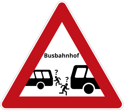 Im Stil eines Verkehrszeichen entworfenes Schild, welches rennende Männchen mit Fragezeichen über dem Kopf zwischen Bussen zeigt