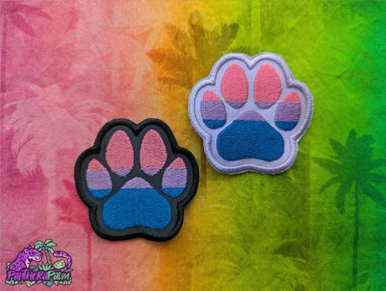 Embroidered paw print patches in bisexual pride flag colors
