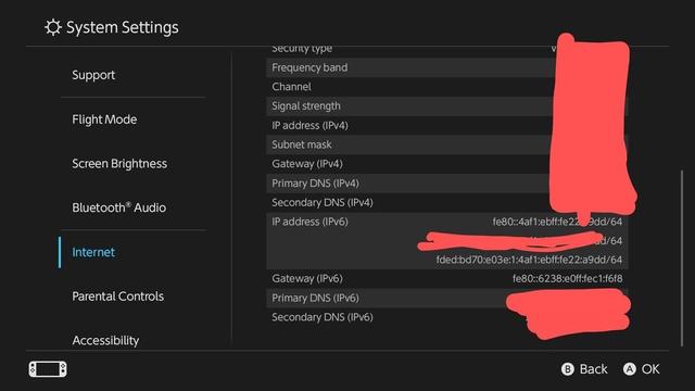A screenshot of the Nintendo Switch 2 Internet settings page, showing a visible IPv6 address and gateway