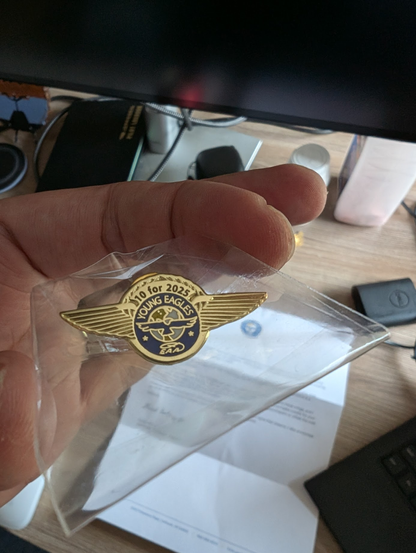 A small gold lapel pin with wings on the sides. It says "10 for 2025" and has the Young Eagles logo from EAA.