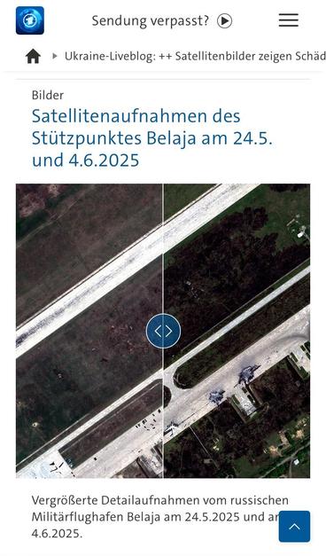 Satellite images of the Belaja military airport, showing changes between May 24 and June 4, 2025. The photos depict the airport layout and surrounding areas, highlighting differences in ground conditions and infrastructure.