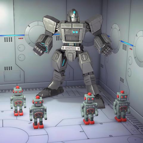 Animal Crossing: New Horizons screenshot. Set in a room with robo-flooring and robo-wallpaper, a silvery robot hero status is in the corner with four silver robot toys in front of it.