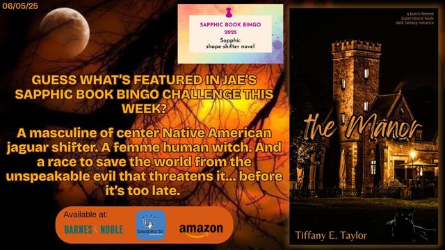 The book cover of “the Manor” by Tiffany E. Taylor on an eerie landscape with dead trees and branches backlit by a dark, glowing orange and yellow light and a reddish full moon with the book blurb and the purchase buy link icons.