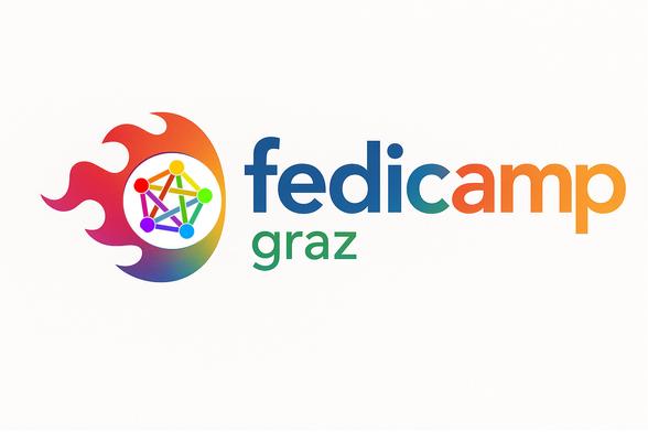 BarCamp-Logo (Flamme) mit eingefügtem Fediverse-Logo-Entwurf; Text: fedicamp graz