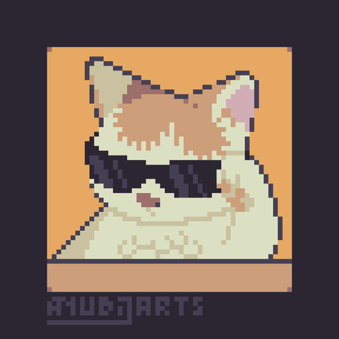A Pixel Art Redraw featuring a cat, looking cool with some sunglasses they're readjusting with their paw, while having a serious look. So cool...