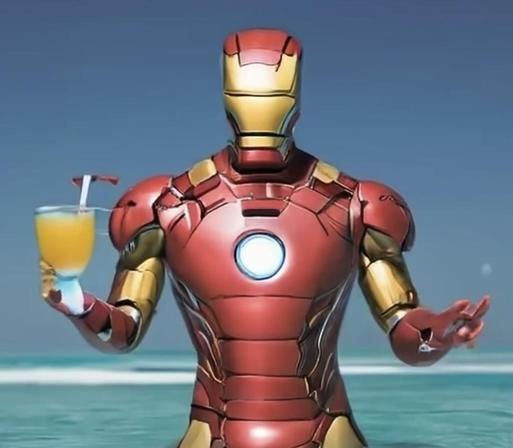 Iron Man in a pool with a drink.