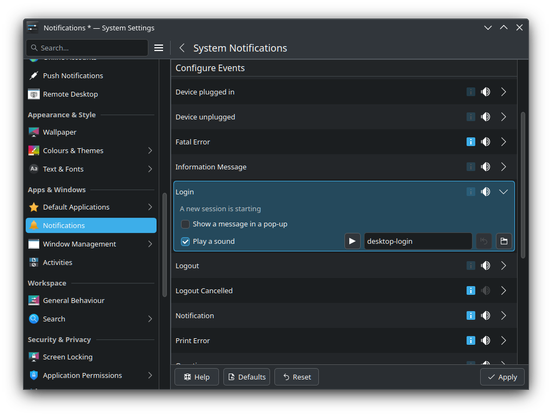 Screenshot of KDE Plasma Settings Menu → Apps & Windows → Notifications → Login → Play a sound