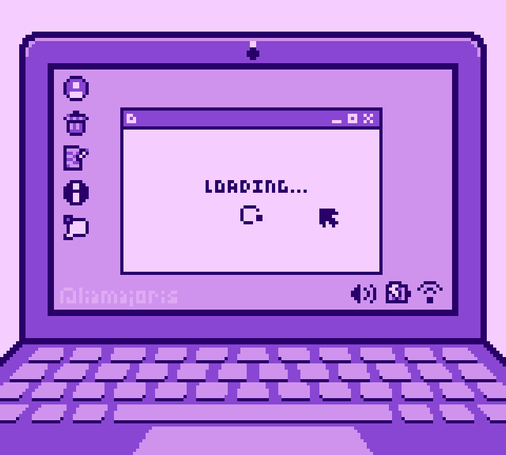 A monochromatic purple pixel art of a laptop screen with several icons on it. A window is open that says "Loading..."